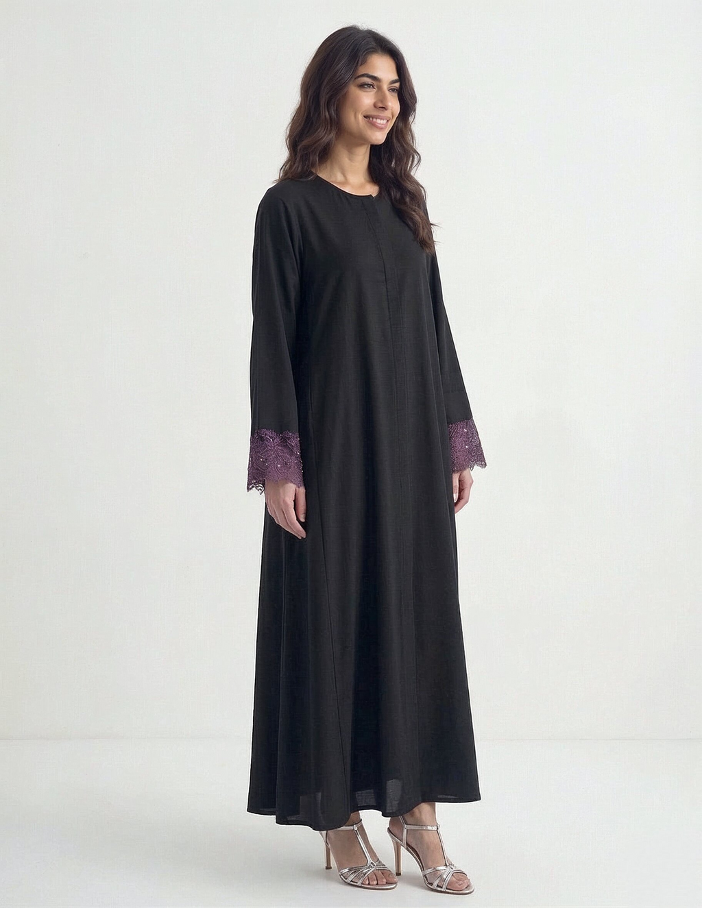 Reem Lace-Cuff Kaftan Abaya in Black — Detail | AYAAT Dubai