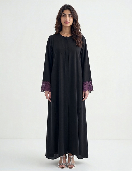 Reem Lace-Cuff Kaftan Abaya in Black | AYAAT Dubai