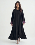 Reem Lace-Cuff Kaftan Abaya in Black — Side View | AYAAT Dubai
