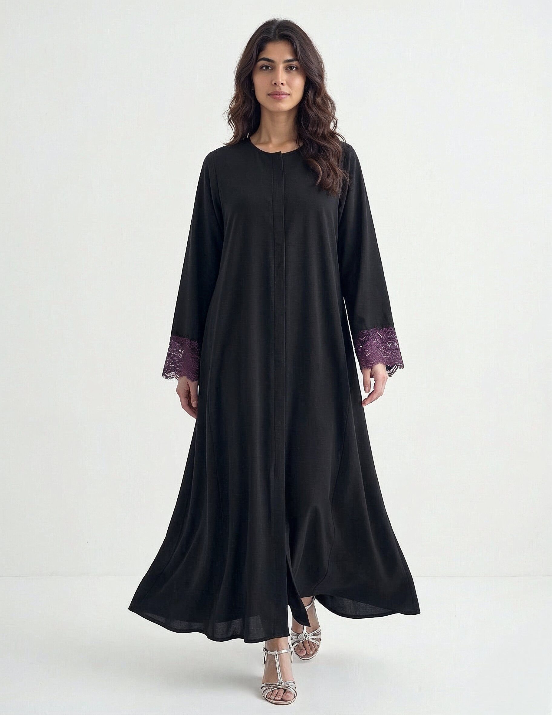 Reem Lace-Cuff Kaftan Abaya in Black — Side View | AYAAT Dubai