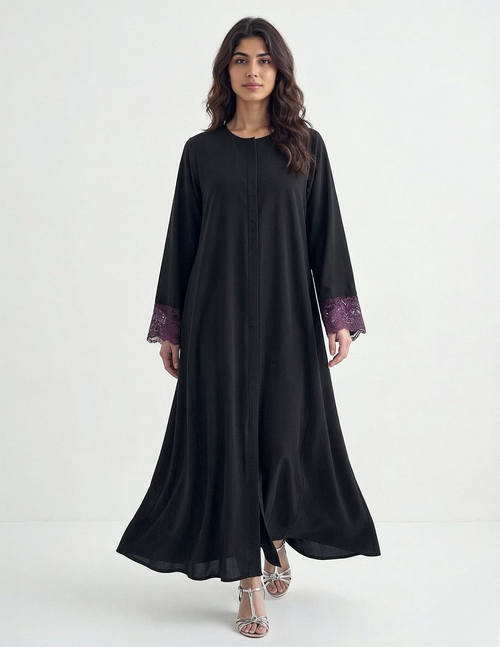 Reem Lace-Cuff Kaftan Abaya in Black — Side View | AYAAT Dubai