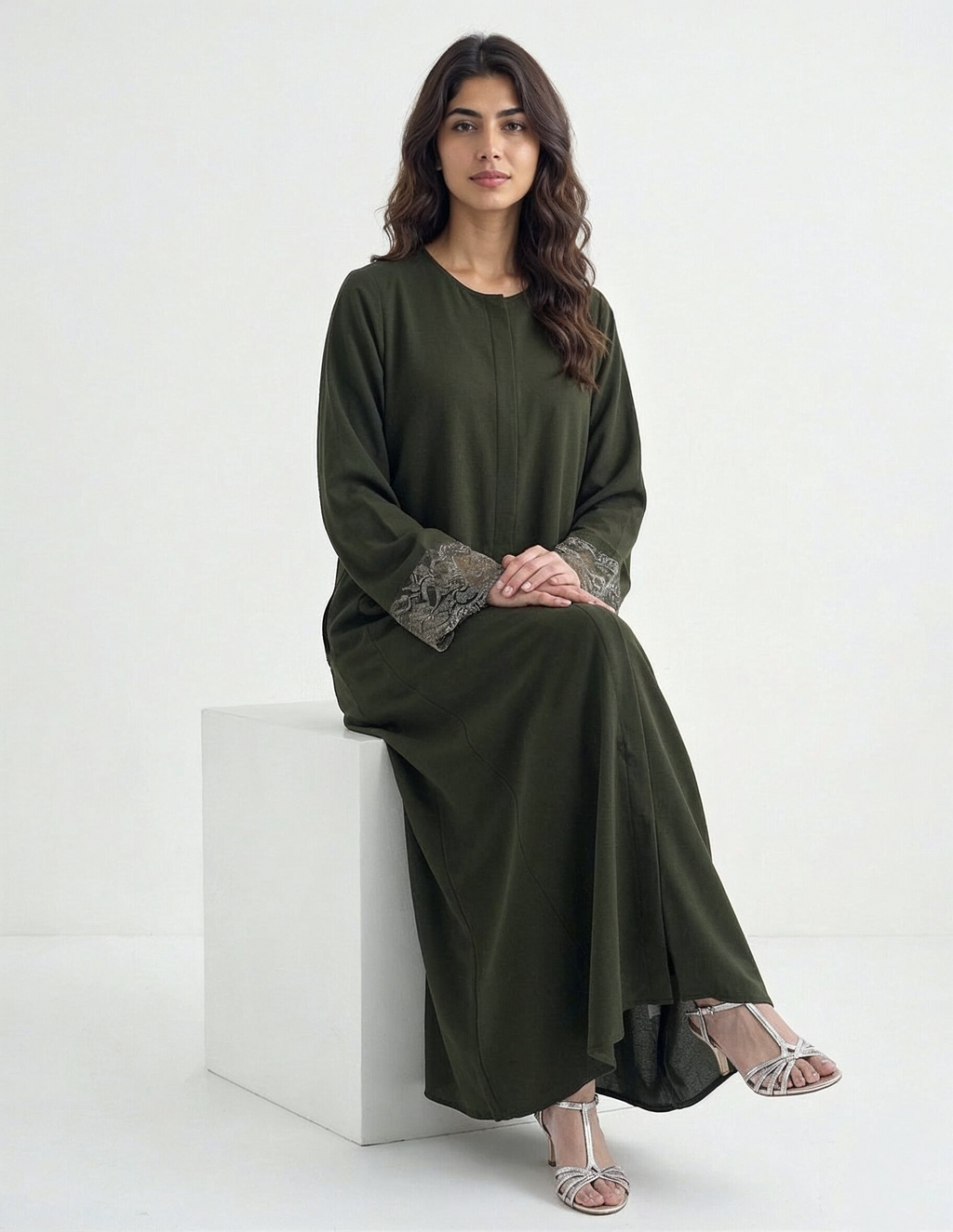 Reem Lace-Cuff Kaftan Abaya in Olive — Side View | AYAAT Dubai