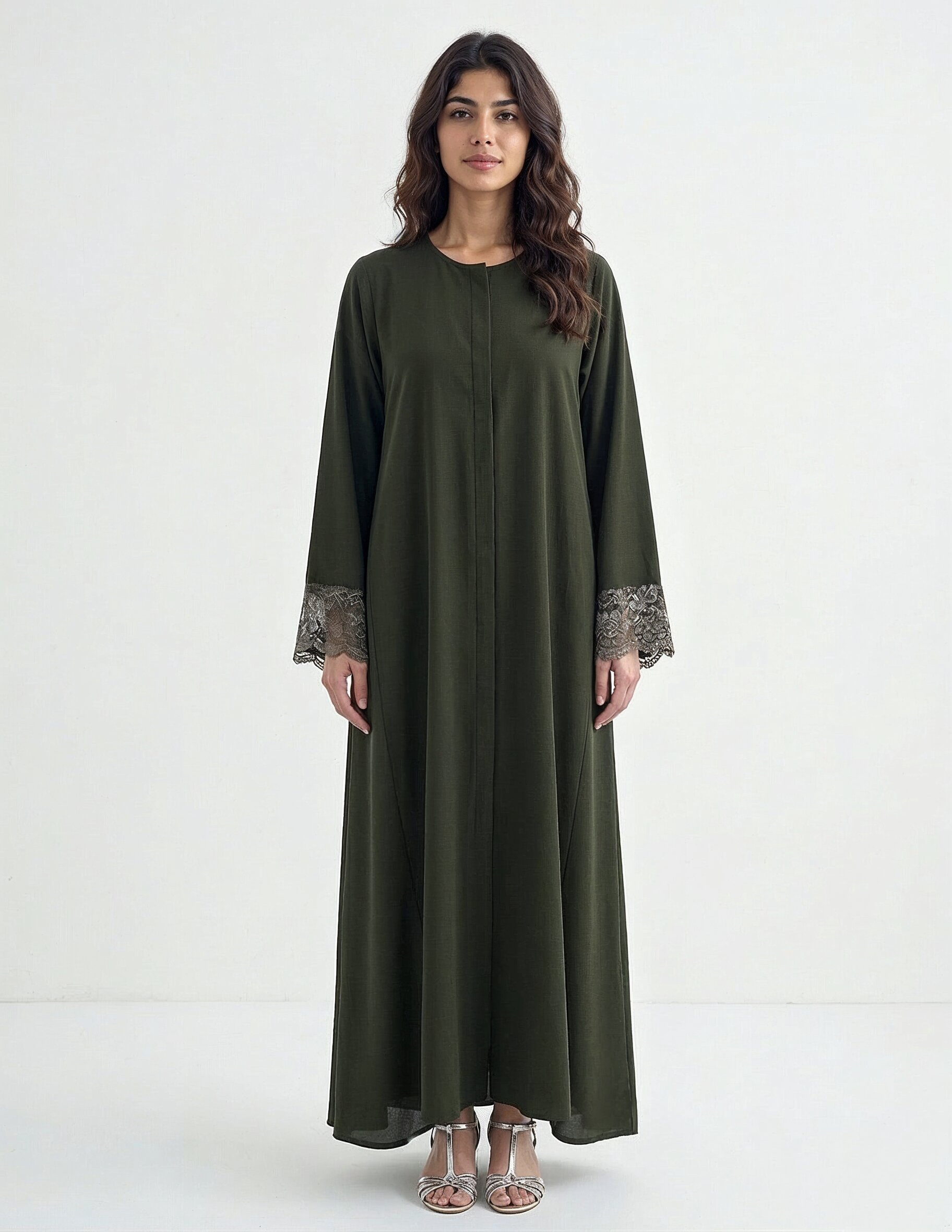Reem Lace-Cuff Kaftan Abaya in Olive | AYAAT Dubai