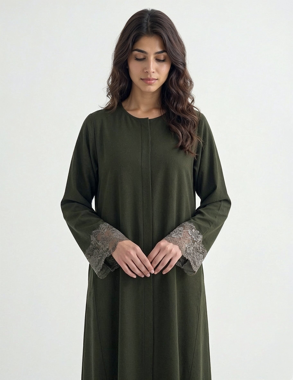 Reem Lace-Cuff Kaftan Abaya in Olive — Detail | AYAAT Dubai