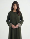 Reem Lace-Cuff Kaftan Abaya in Olive — Detail | AYAAT Dubai