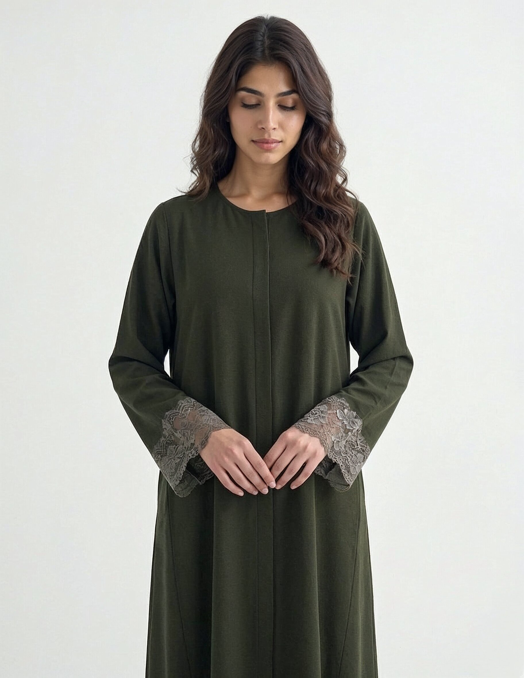 Reem Lace-Cuff Kaftan Abaya in Olive — Detail | AYAAT Dubai