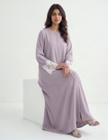 Reem Lace-Cuff Kaftan Abaya in Pink — Side View | AYAAT Dubai
