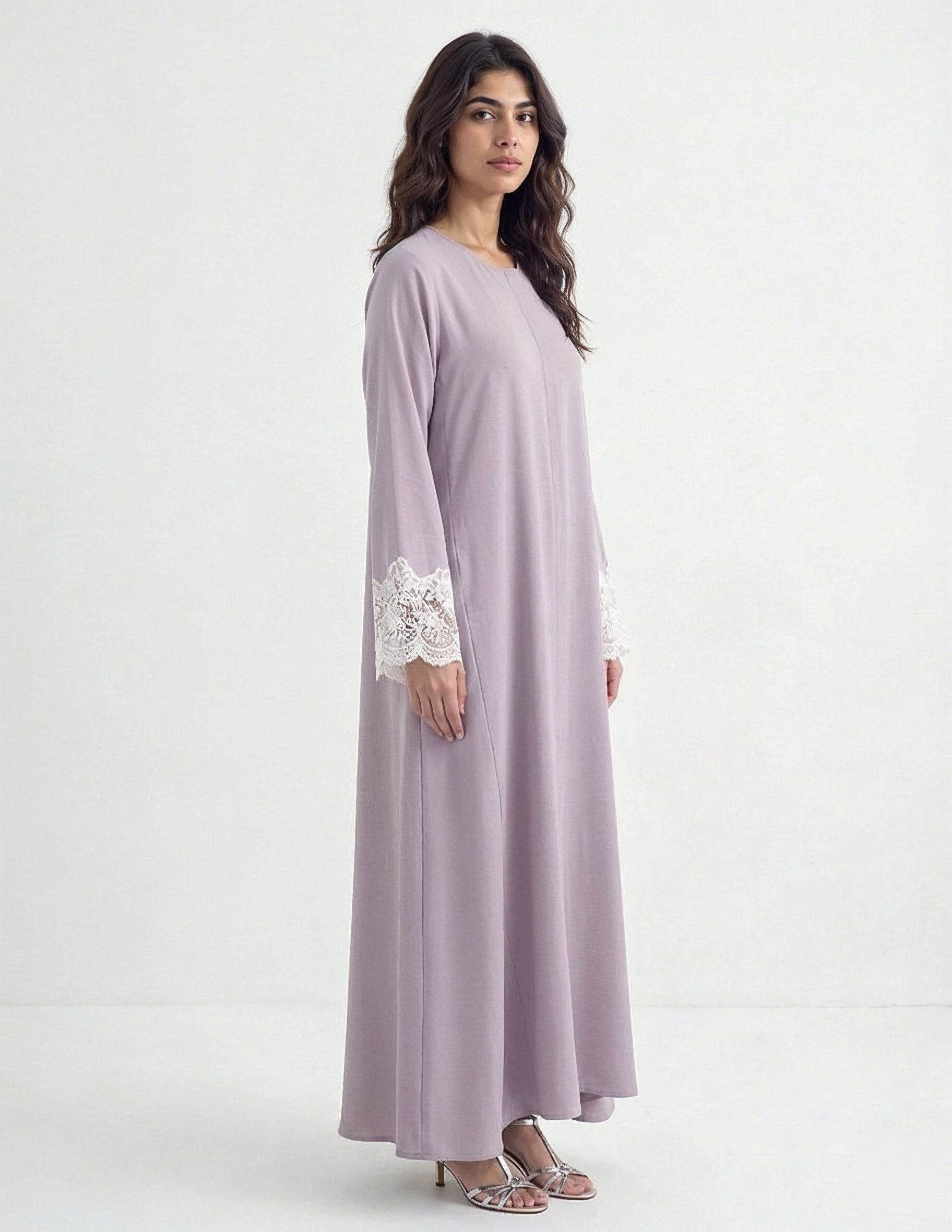 Reem Lace-Cuff Kaftan Abaya in Pink — Detail | AYAAT Dubai