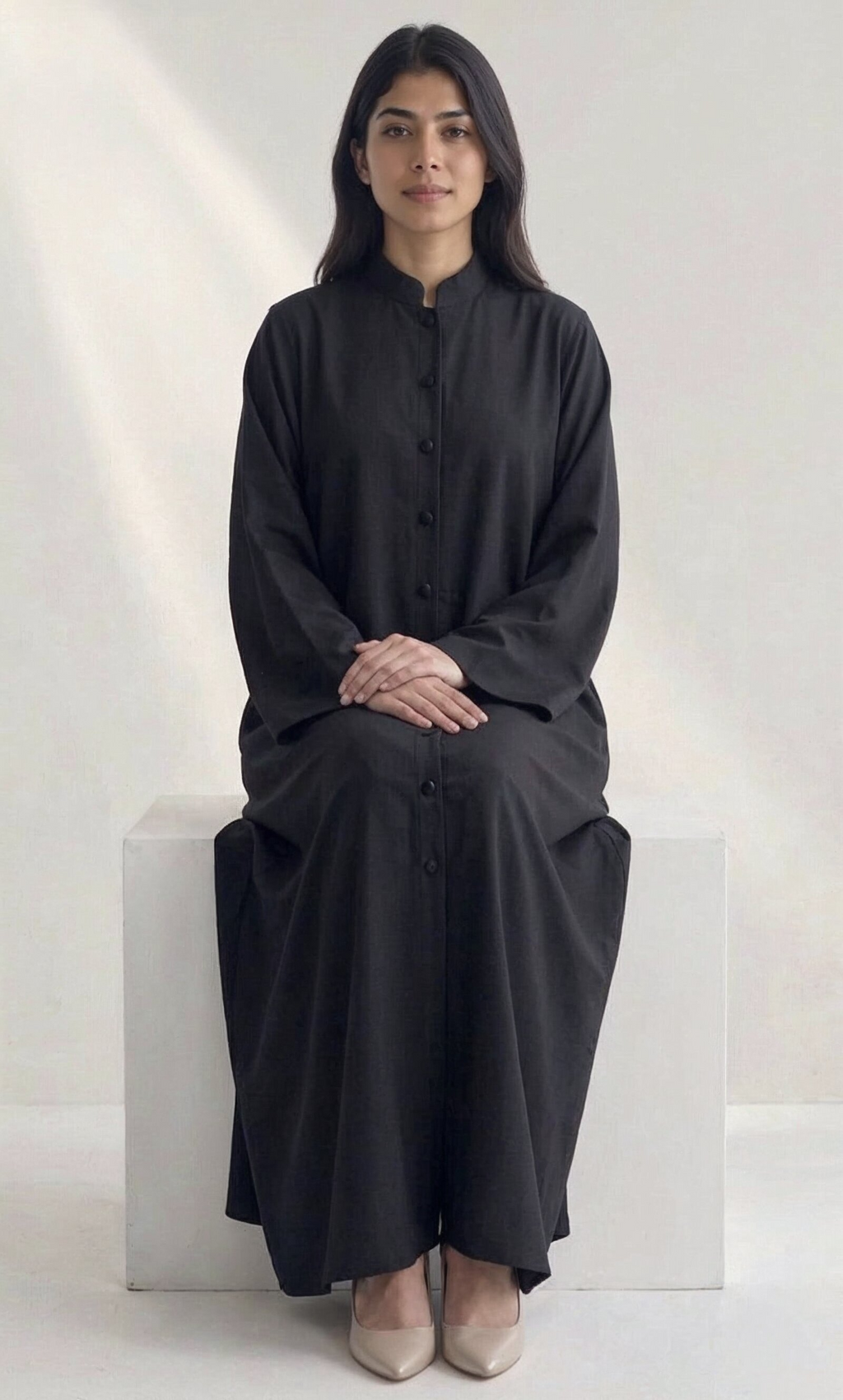 Safa Button-Front Abaya in Black — Detail | AYAAT Dubai