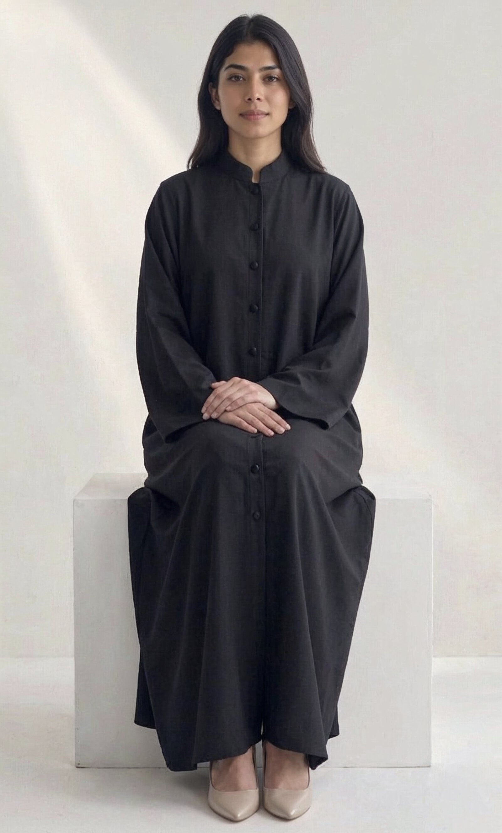 Safa Button-Front Abaya in Black — Detail | AYAAT Dubai