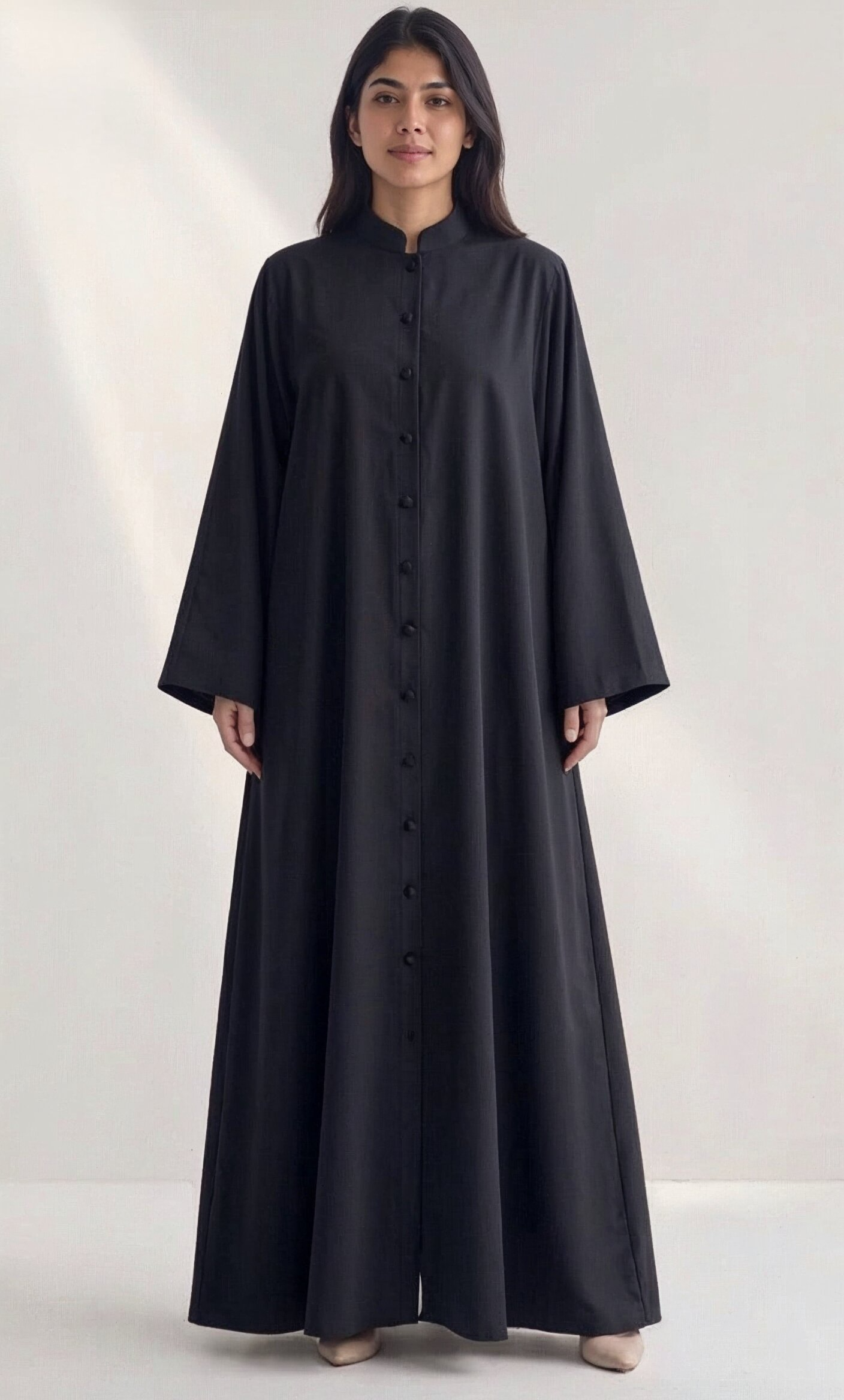 Safa Button-Front Abaya in Black — Side View | AYAAT Dubai