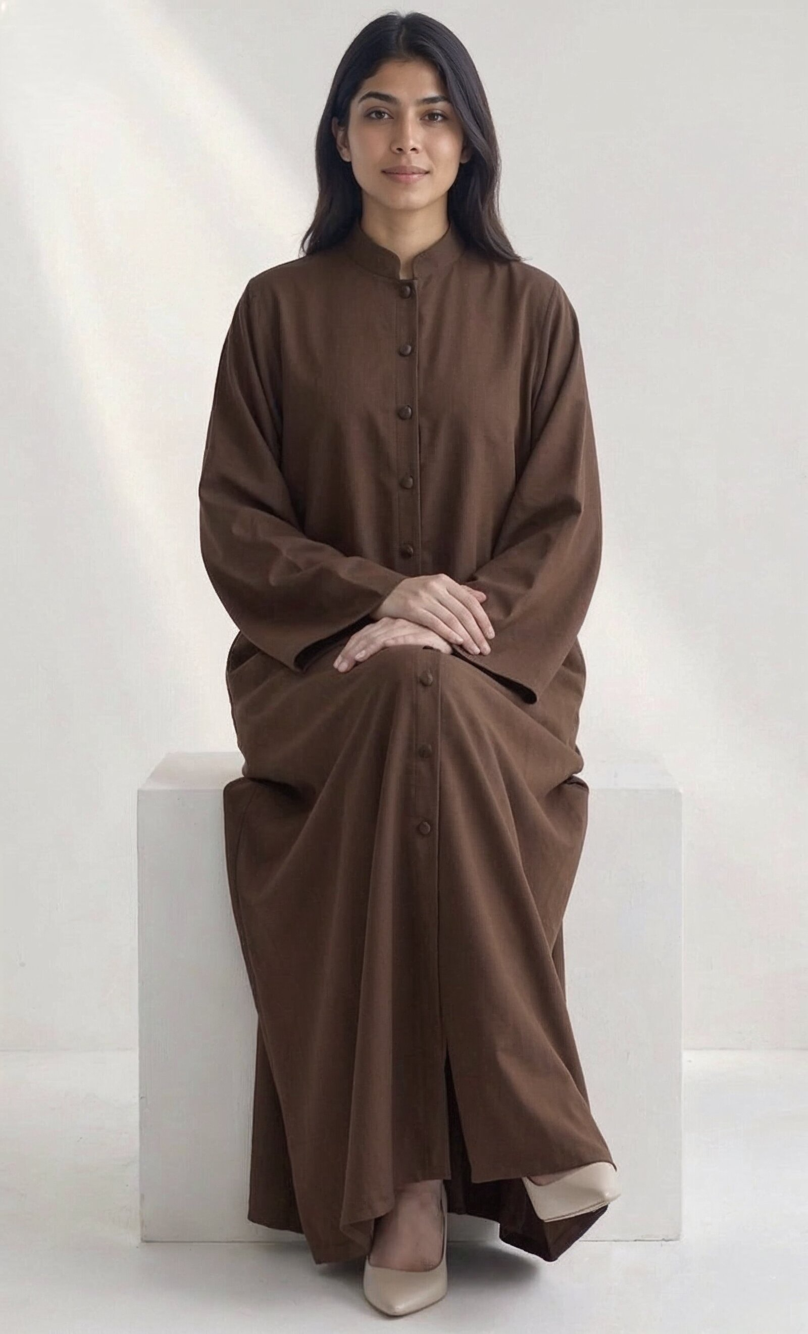 Safa Button-Front Abaya in Brown — Detail | AYAAT Dubai