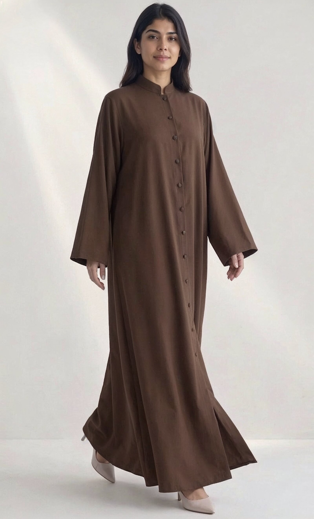 Safa Button-Front Abaya in Brown — Side View | AYAAT Dubai