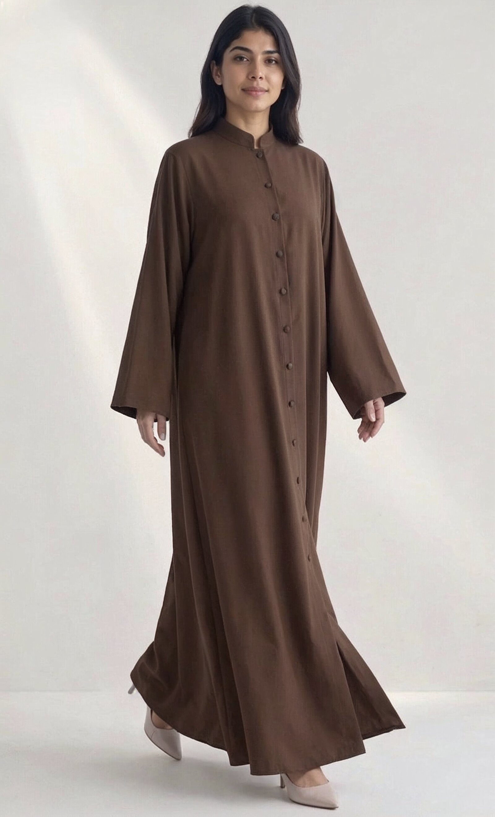 Safa Button-Front Abaya in Brown — Side View | AYAAT Dubai