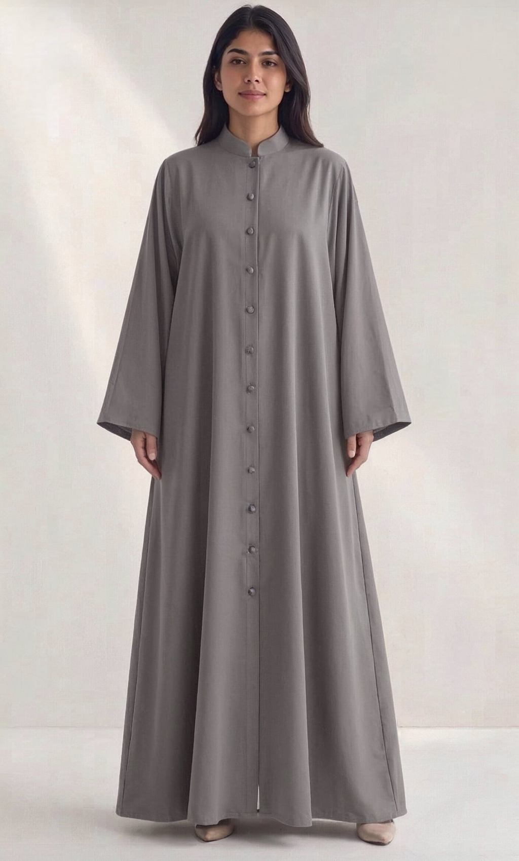 Safa Button-Front Abaya in Grey — Side View | AYAAT Dubai