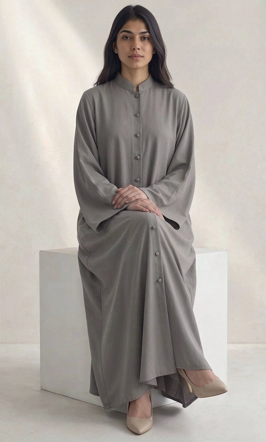 Safa Button-Front Abaya in Grey — Detail | AYAAT Dubai