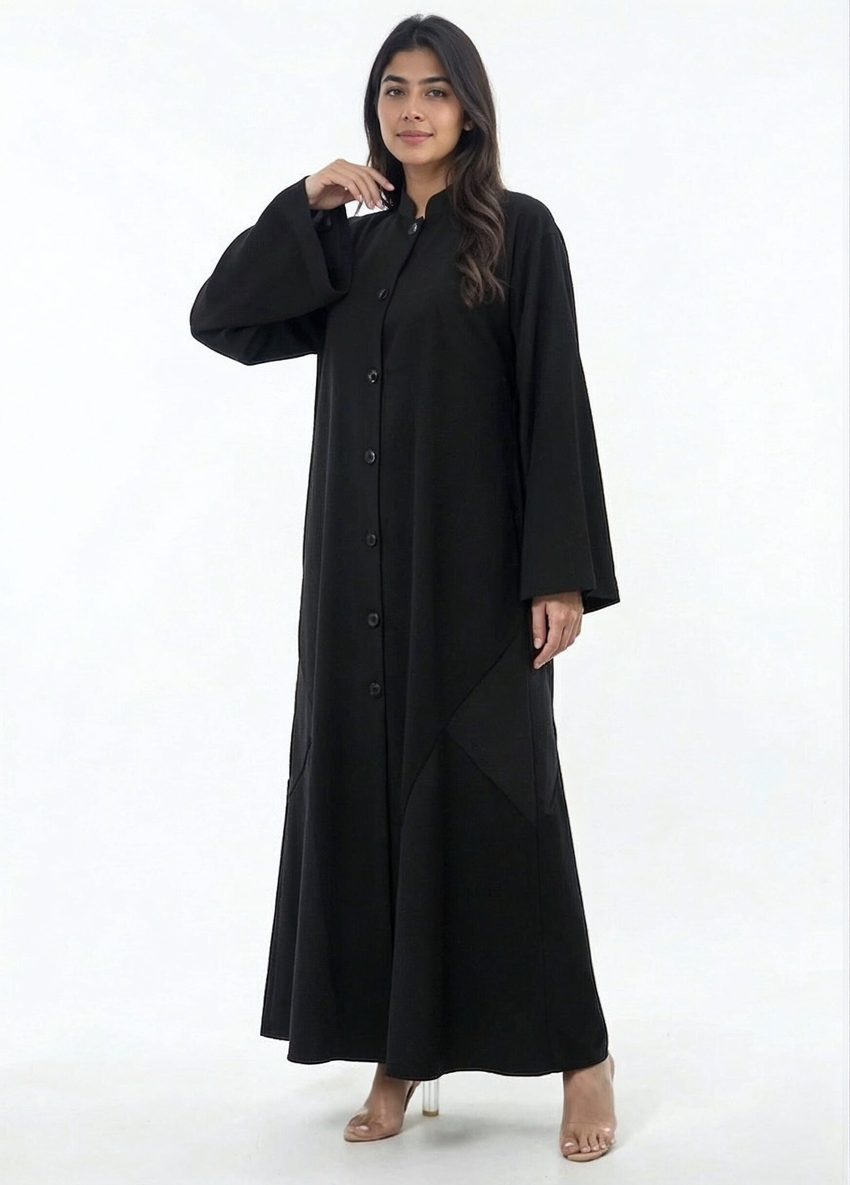 Sama Structured Button-Front Abaya in Black — Side View | AYAAT Dubai