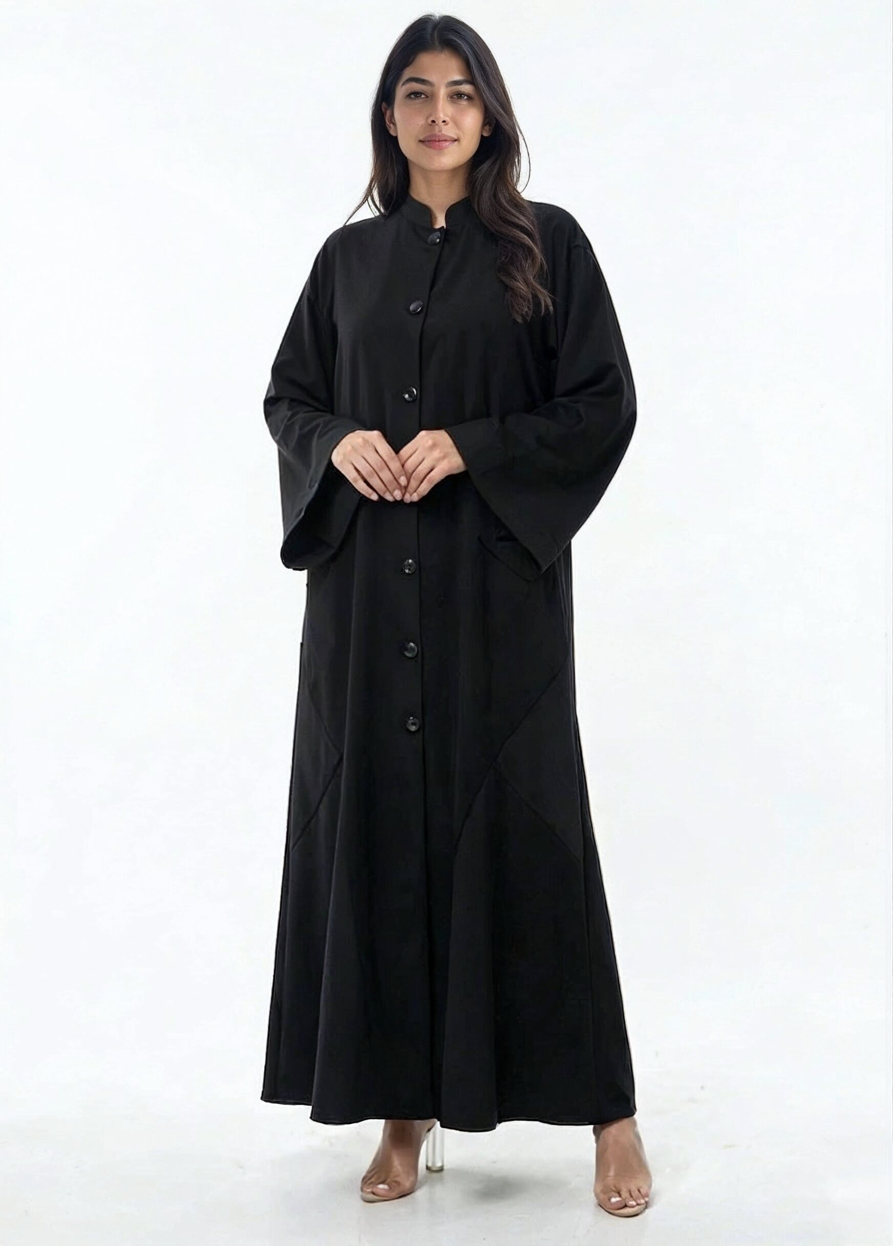 Sama Structured Button-Front Abaya in Black | AYAAT Dubai