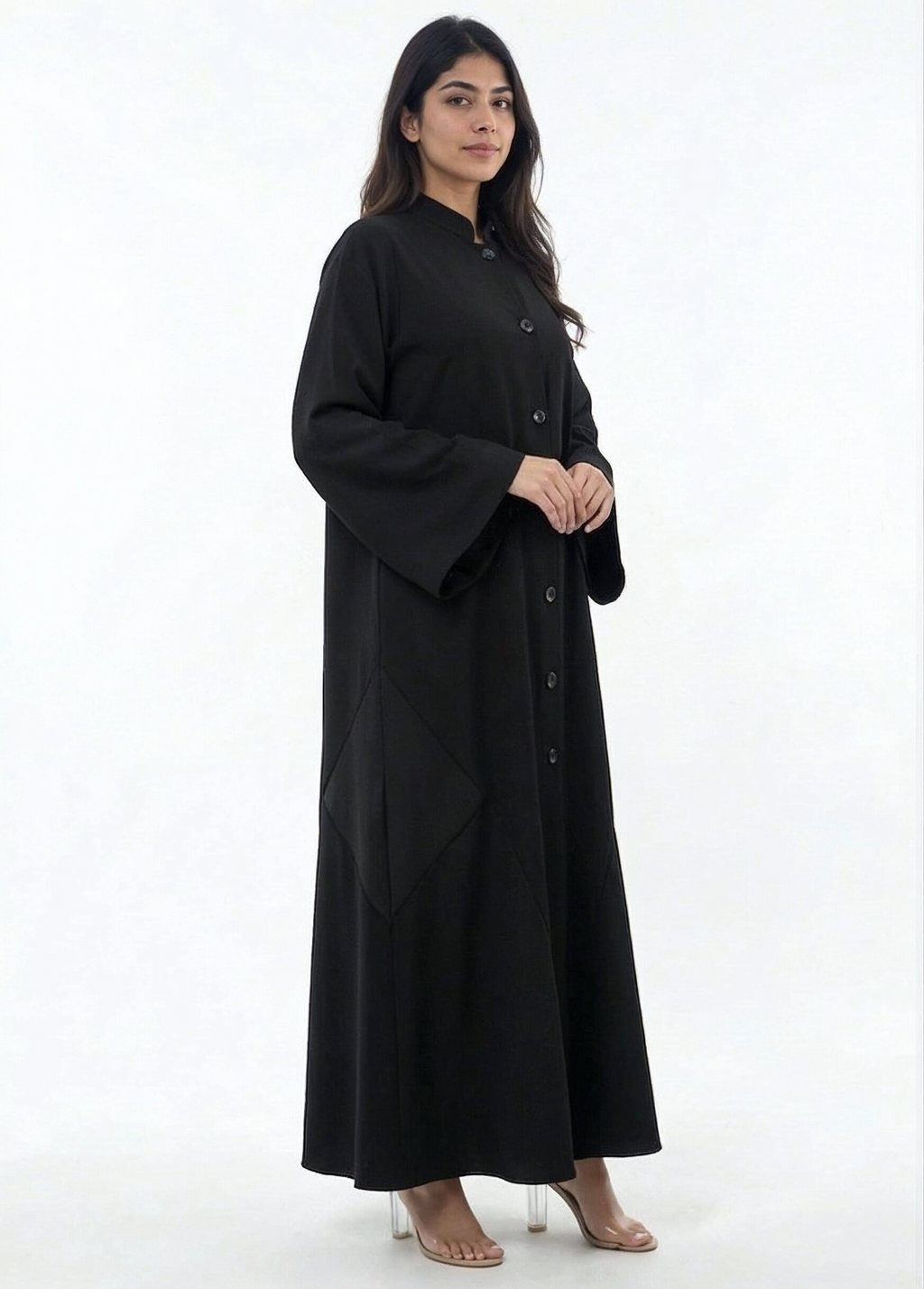 Sama Structured Button-Front Abaya in Black — Detail | AYAAT Dubai