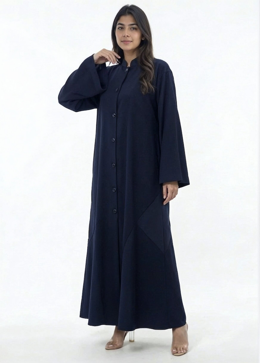 Sama Structured Button-Front Abaya in Navy Blue — Detail | AYAAT Dubai