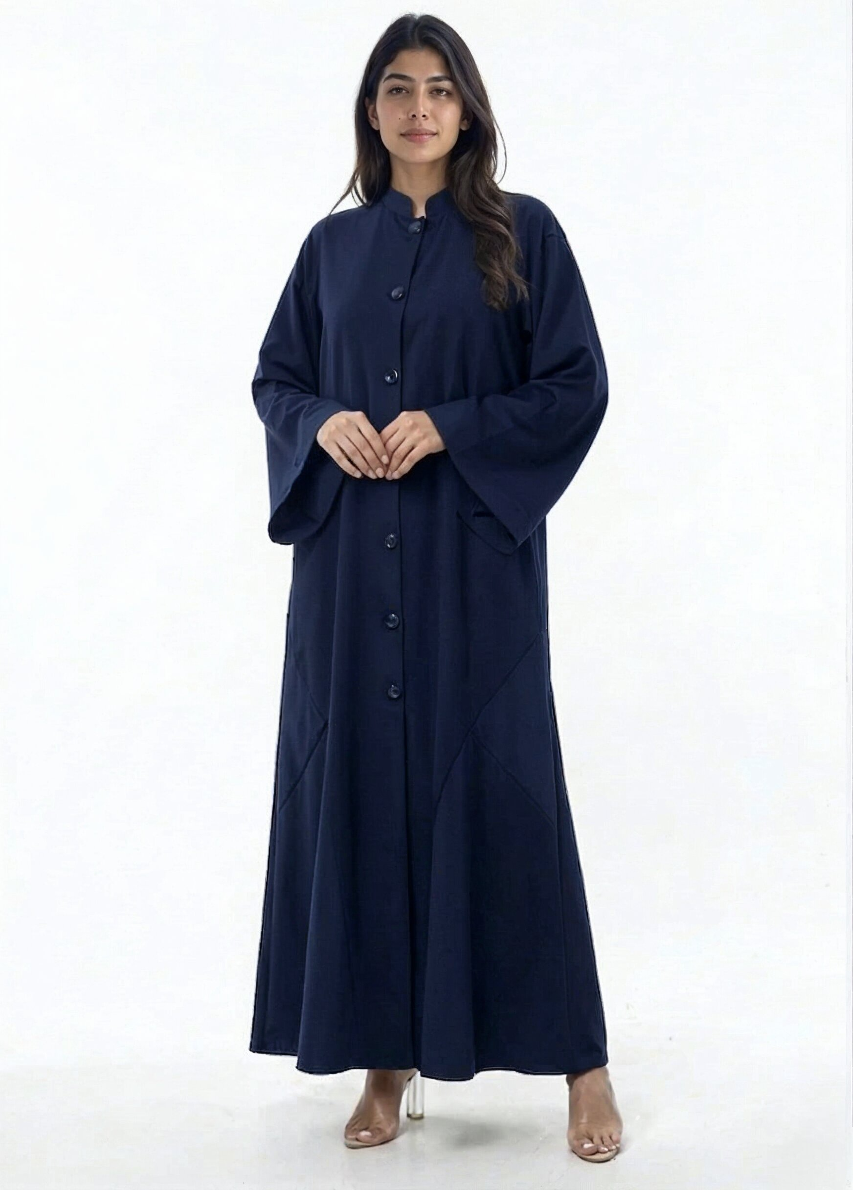 Sama Structured Button-Front Abaya in Navy Blue — Side View | AYAAT Dubai