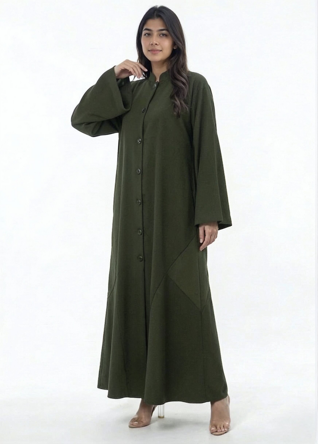 Sama Structured Button-Front Abaya in Olive Green | AYAAT Dubai