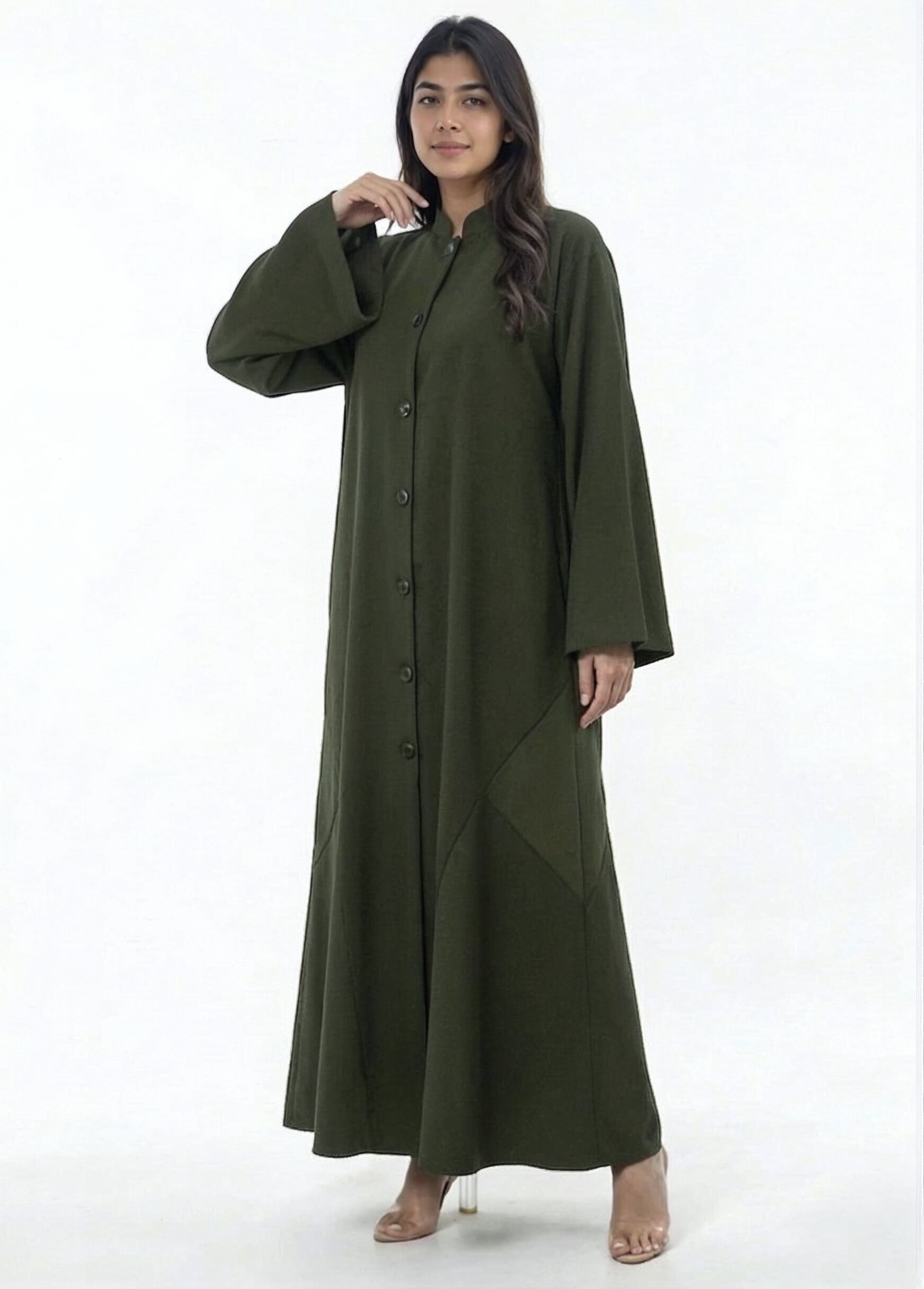 Sama Structured Button-Front Abaya in Olive Green | AYAAT Dubai