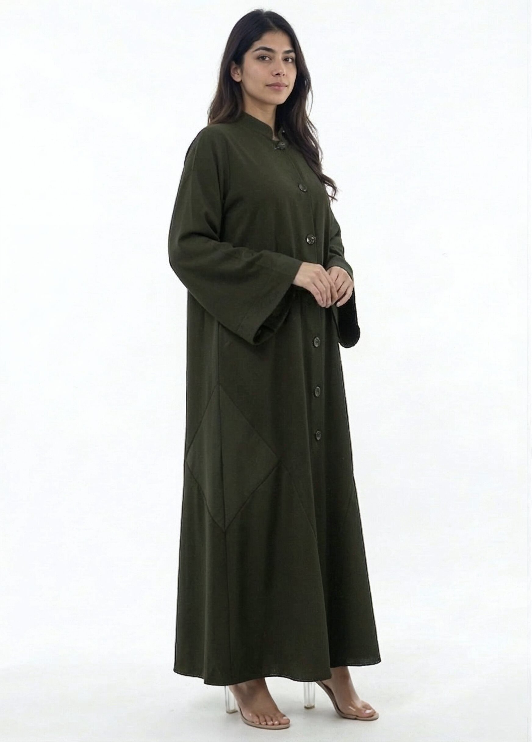 Sama Structured Button-Front Abaya in Olive Green — Side View | AYAAT Dubai