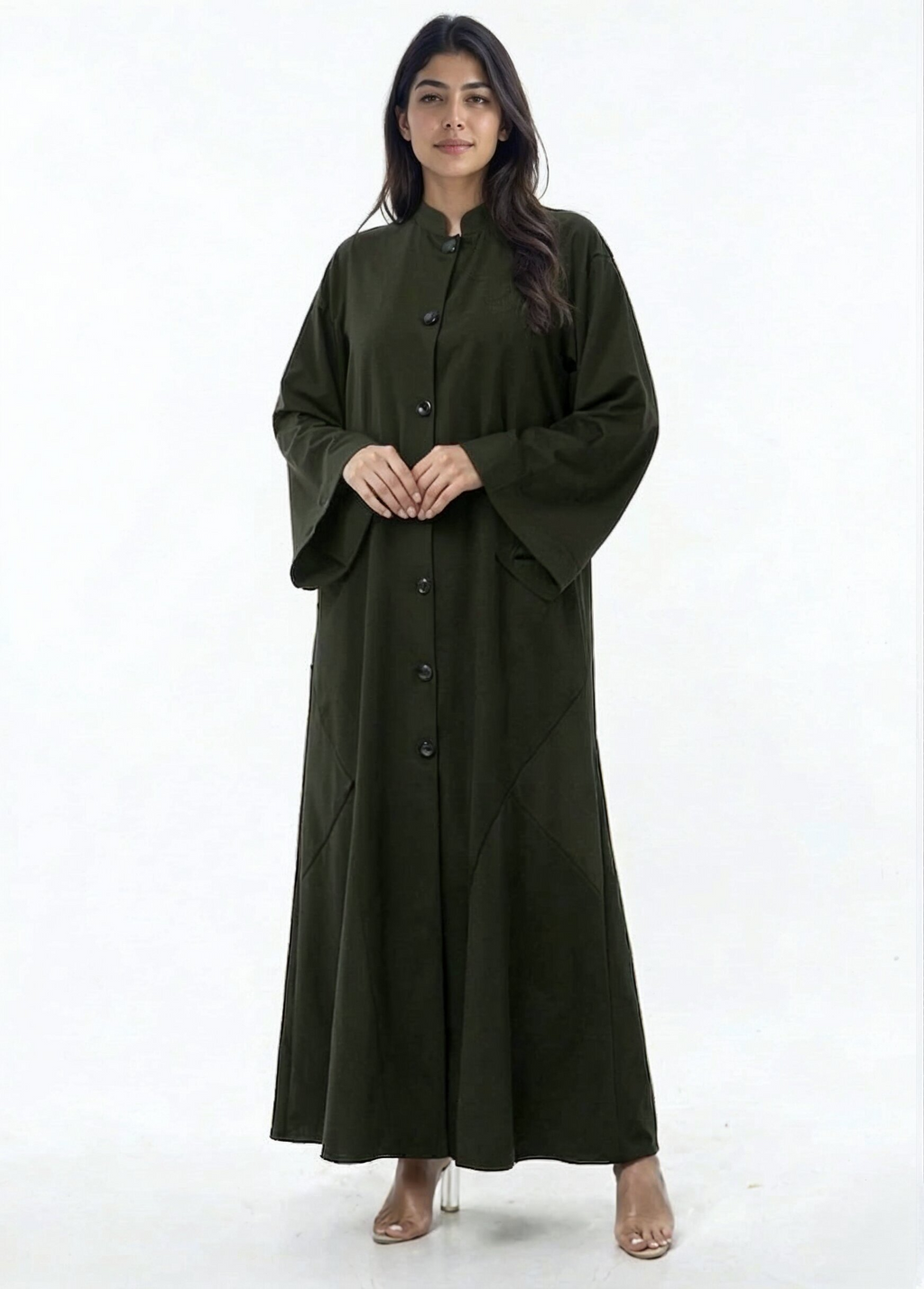 Sama Structured Button-Front Abaya in Olive Green — Detail | AYAAT Dubai