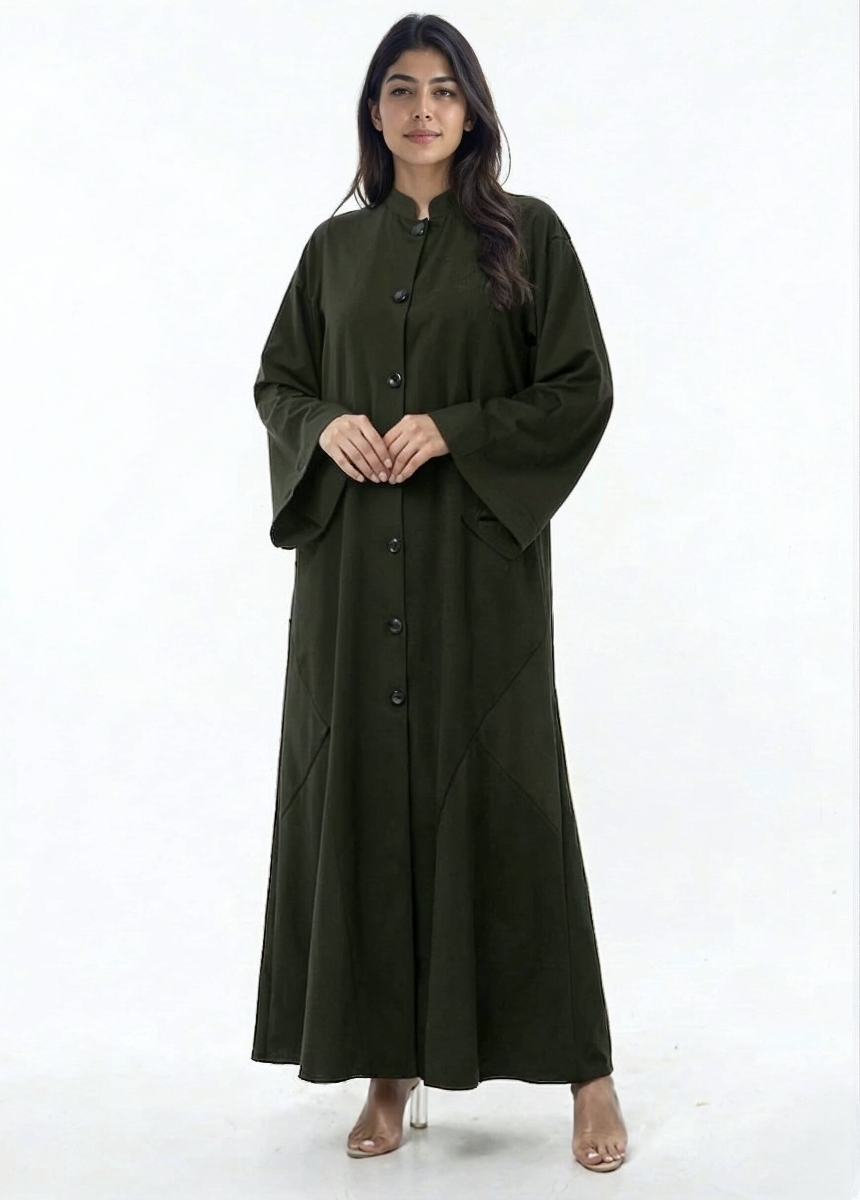 Sama Structured Button-Front Abaya in Olive Green — Detail | AYAAT Dubai