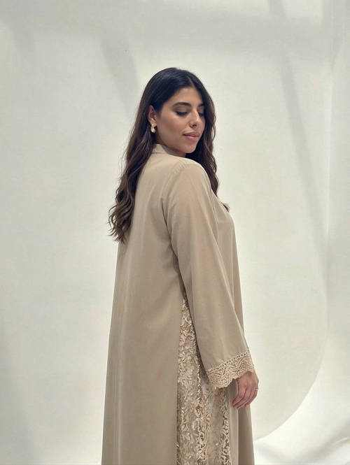Hana Open-Front Lace Abaya in Beige — Side View | AYAAT Dubai