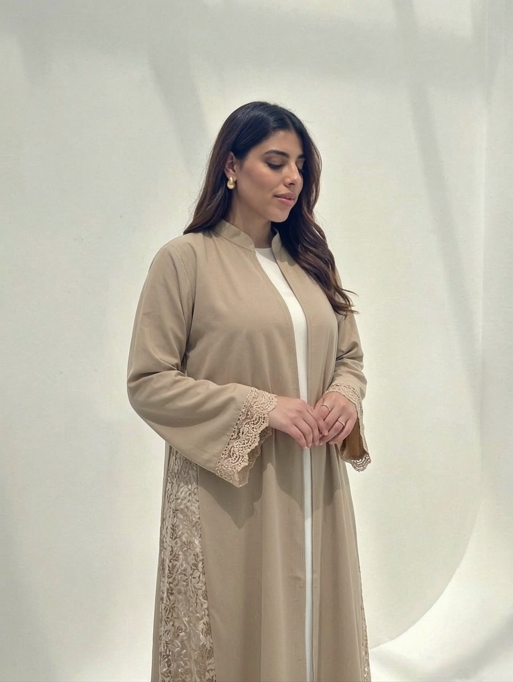Hana Open-Front Lace Abaya in Beige — Detail | AYAAT Dubai