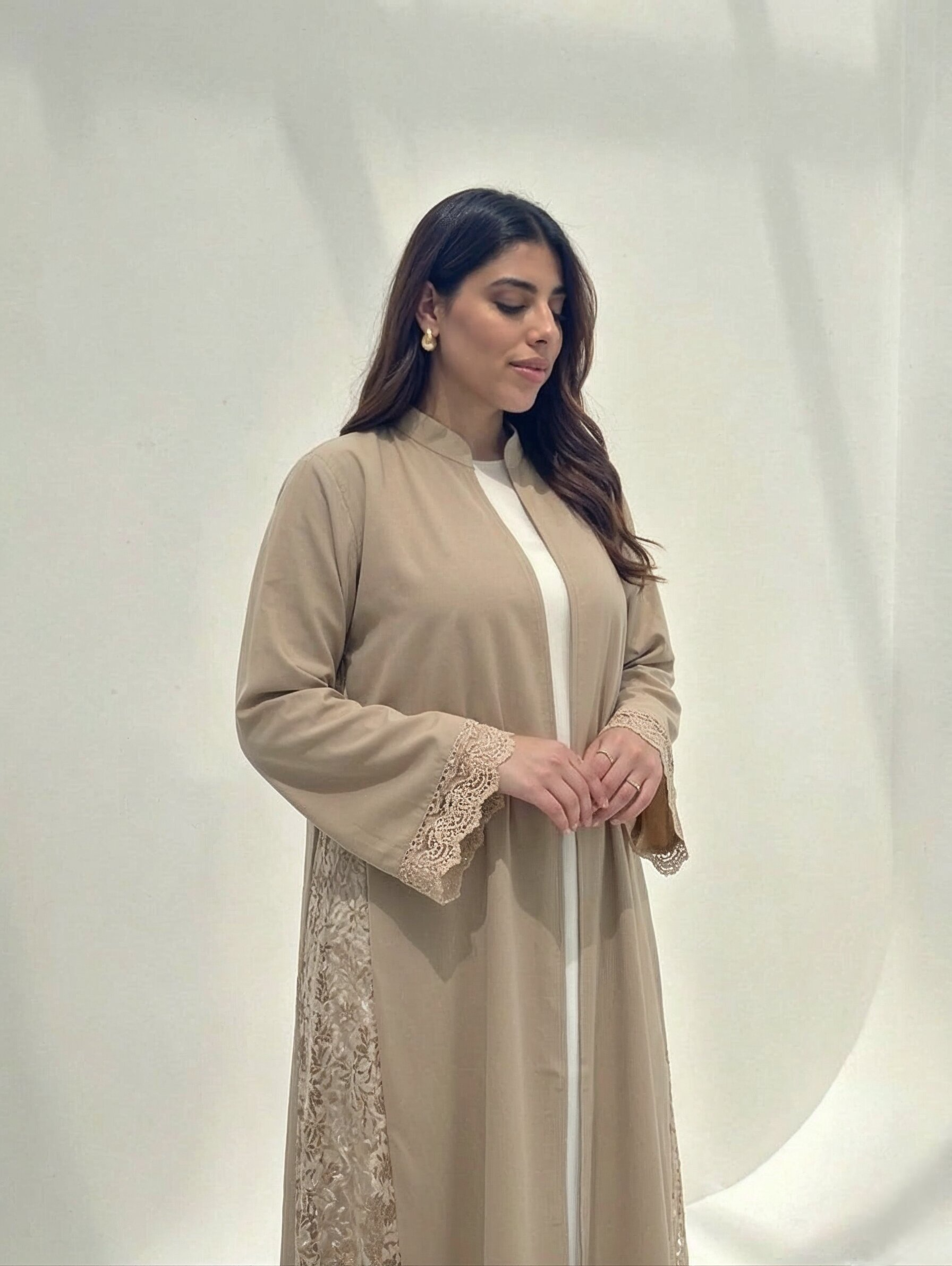 Hana Open-Front Lace Abaya in Beige — Detail | AYAAT Dubai