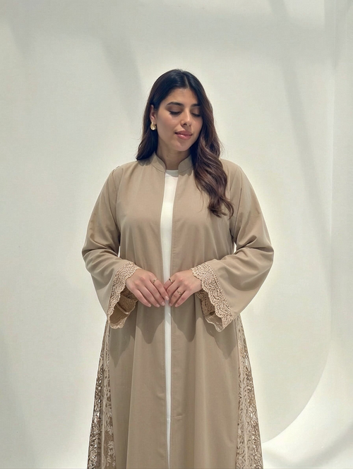 Hana Open-Front Lace Abaya in Beige | AYAAT Dubai