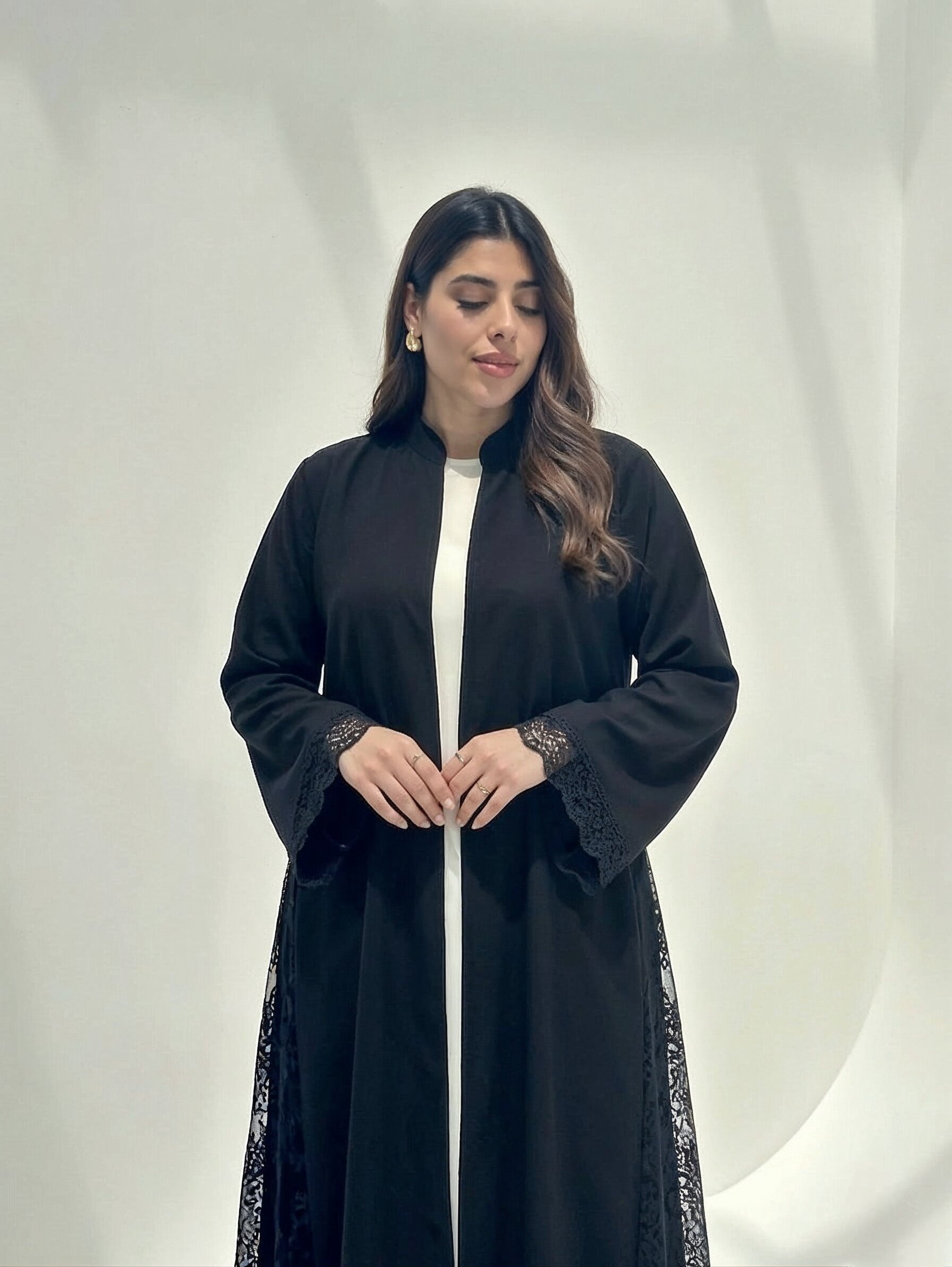Hana Open-Front Lace Abaya in Black — Side View | AYAAT Dubai