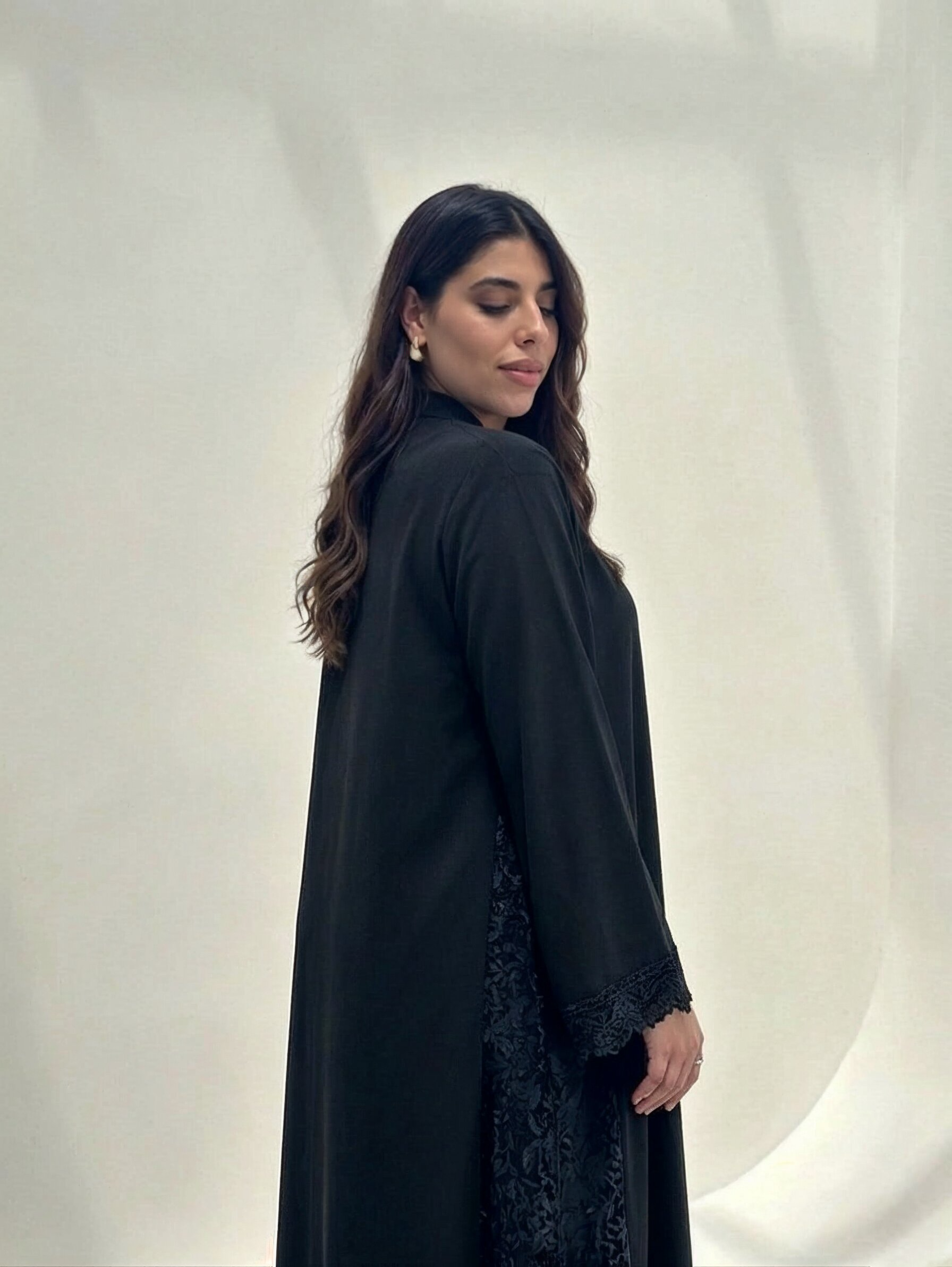 Hana Open-Front Lace Abaya in Black | AYAAT Dubai