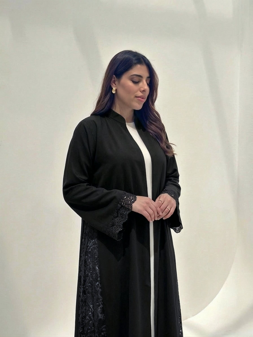 Hana Open-Front Lace Abaya in Black — Detail | AYAAT Dubai