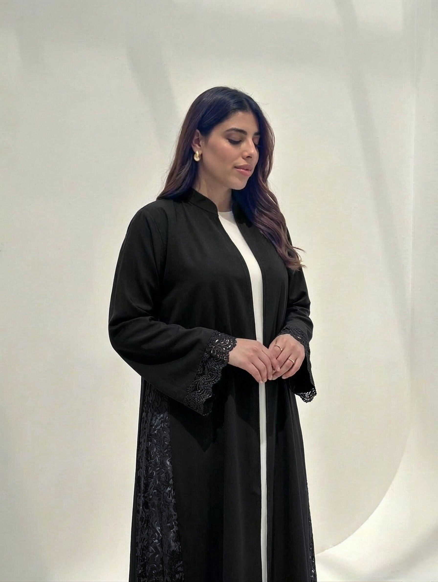 Hana Open-Front Lace Abaya in Black — Detail | AYAAT Dubai