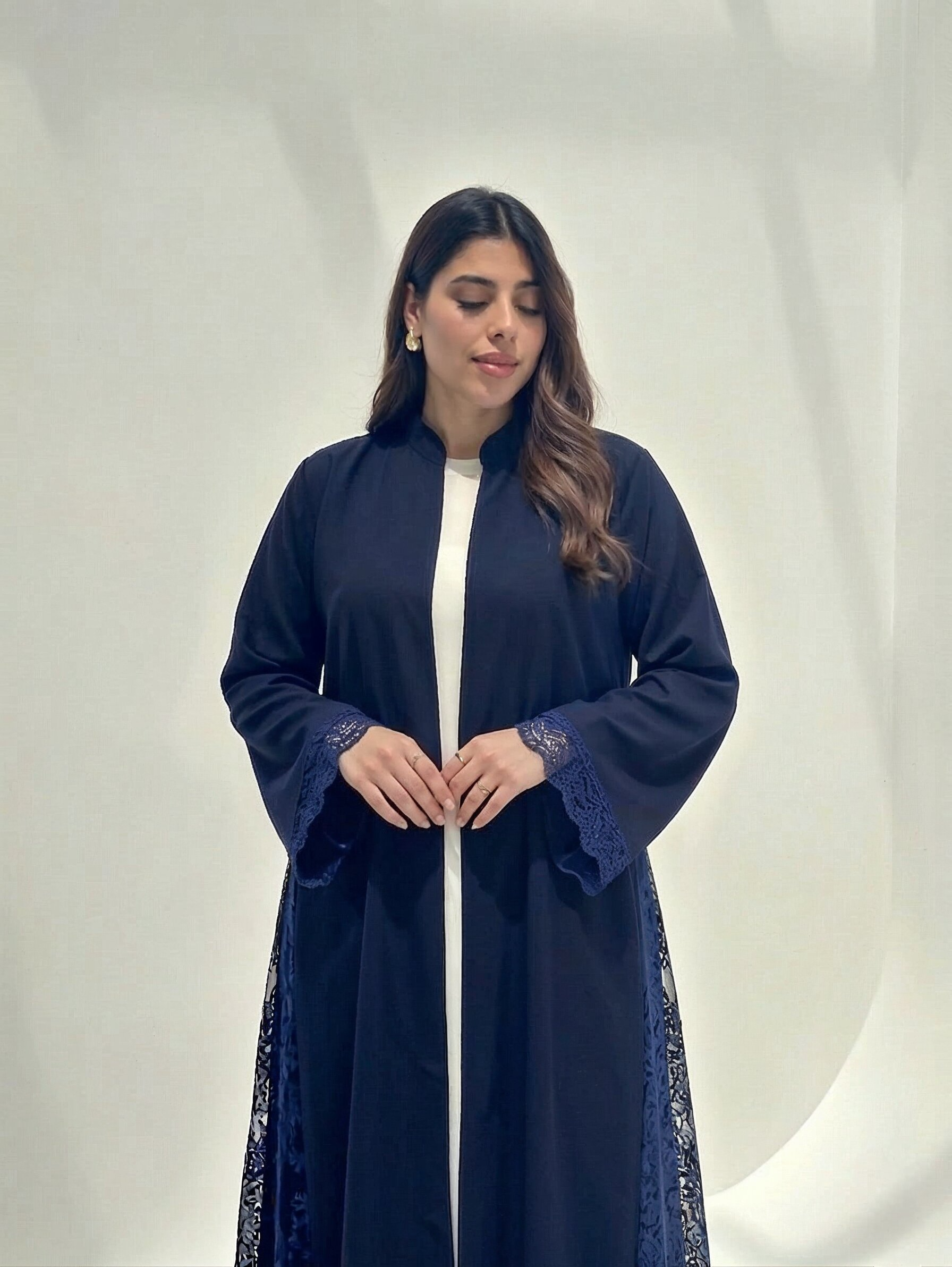 Hana Open-Front Lace Abaya in Navy Blue — Side View | AYAAT Dubai