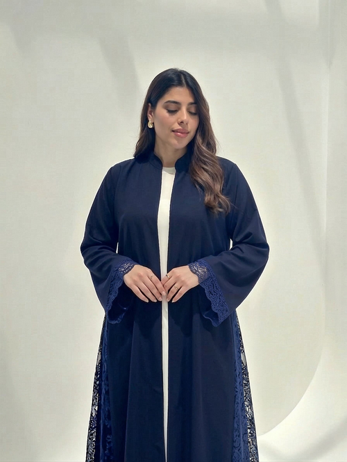 Hana Open-Front Lace Abaya in Navy Blue — Side View | AYAAT Dubai