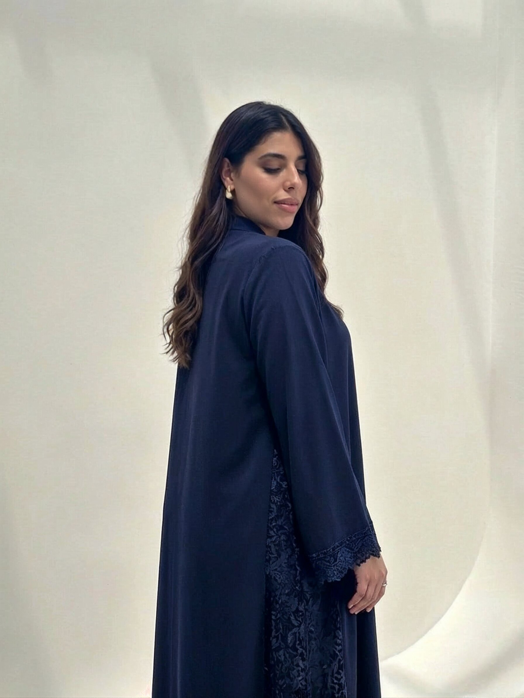 Hana Open-Front Lace Abaya in Navy Blue — Detail | AYAAT Dubai
