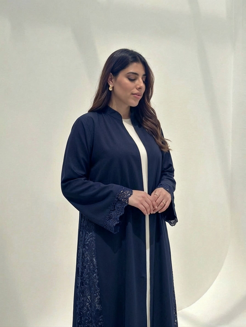 Hana Open-Front Lace Abaya in Navy Blue | AYAAT Dubai